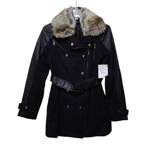 NEW Victoria's Secret Coat Wool & Faux Leather Belted Faux Fur Collar Black Sz 0